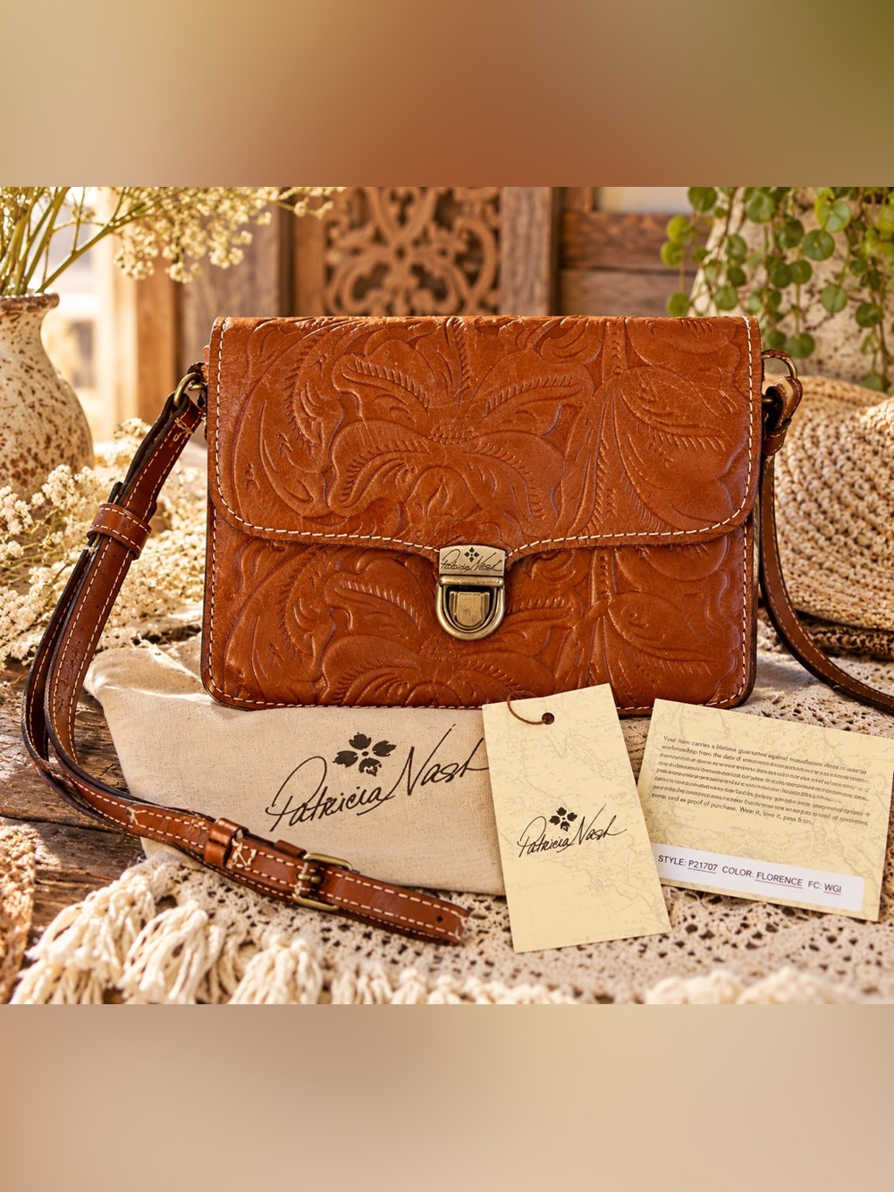 Patricia Nash Tooled Leather Crossbody Bag w/ Built-In Wallet Florence P21707
